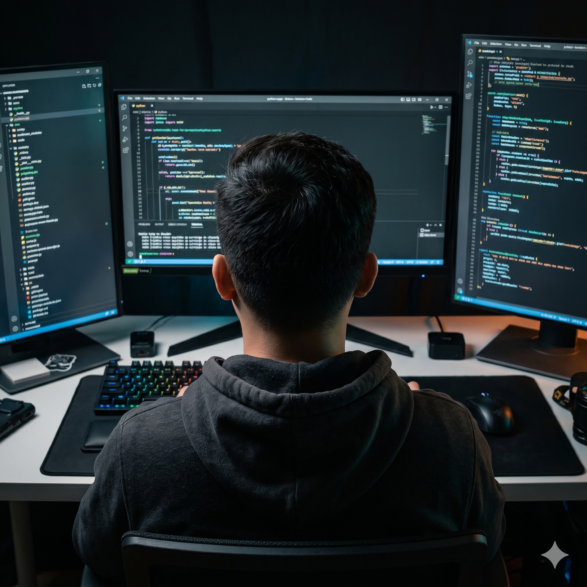 Developer working at a desk with code on multiple monitors